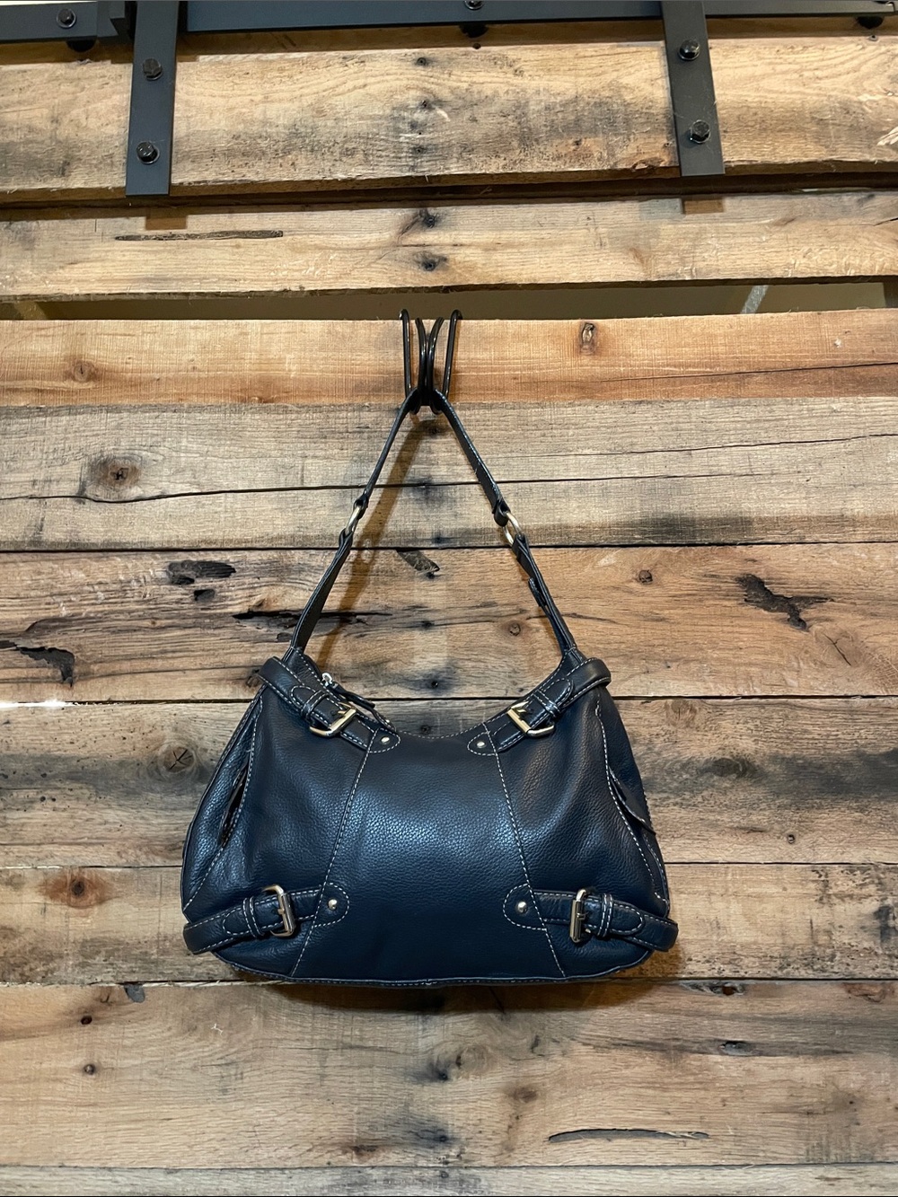 Maxx New York Navy Blue Leather Hobo Shoulder Bag with Gold-Tone Buckles